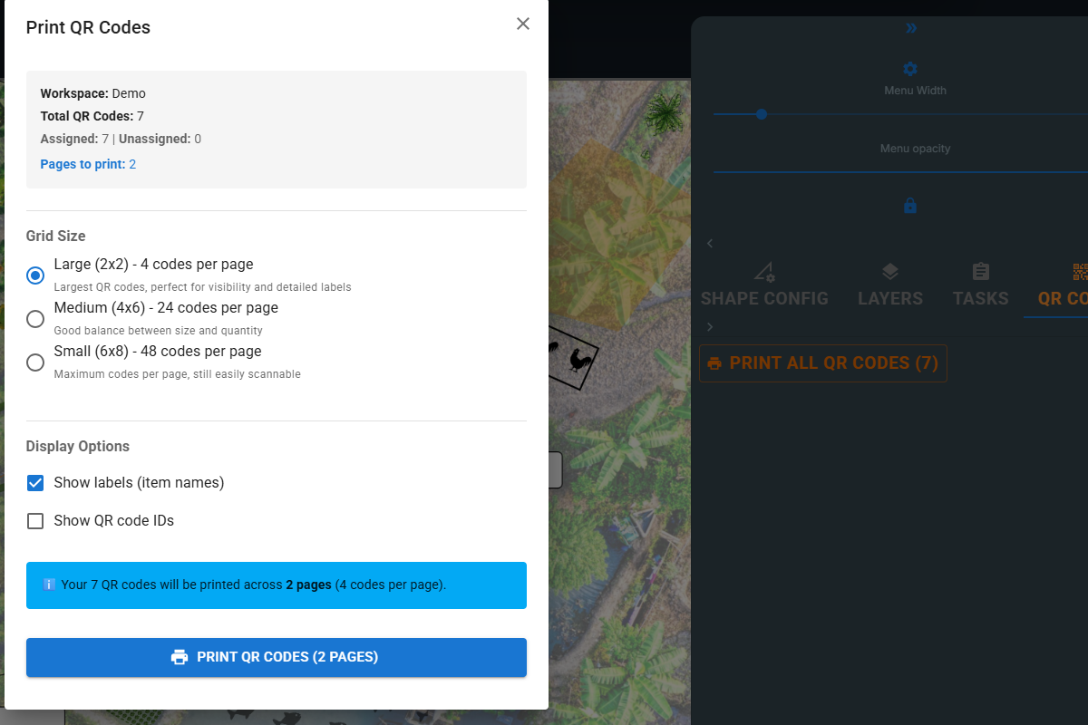 Batch printing QR codes with grid layout options