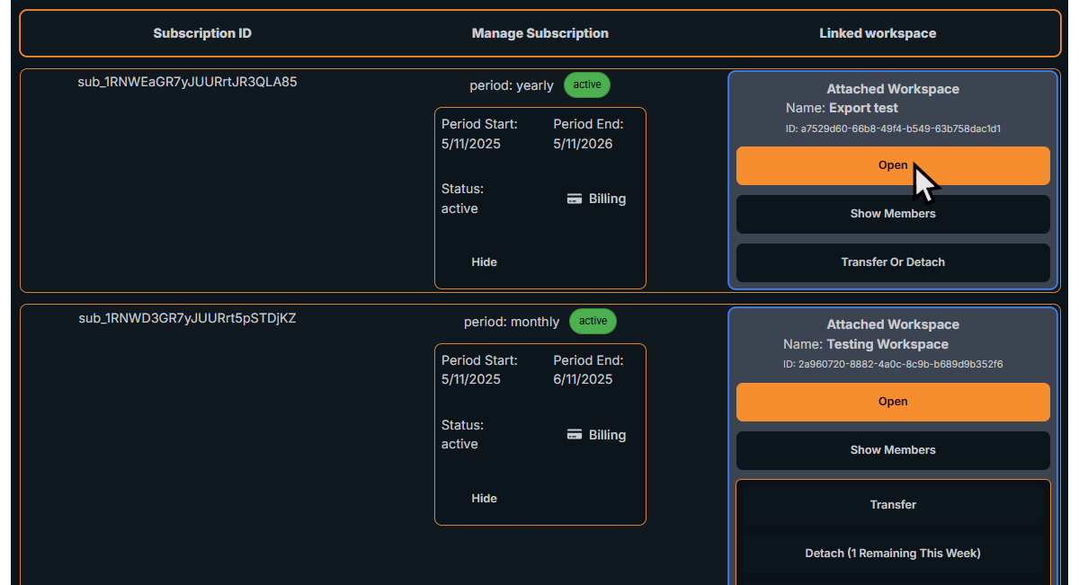 Open subscription workspace